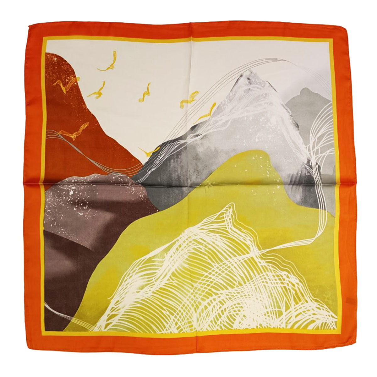 Carré de soie \'Scarlett\' (montagnes) orange vert - 70x70 cm - [R7969]