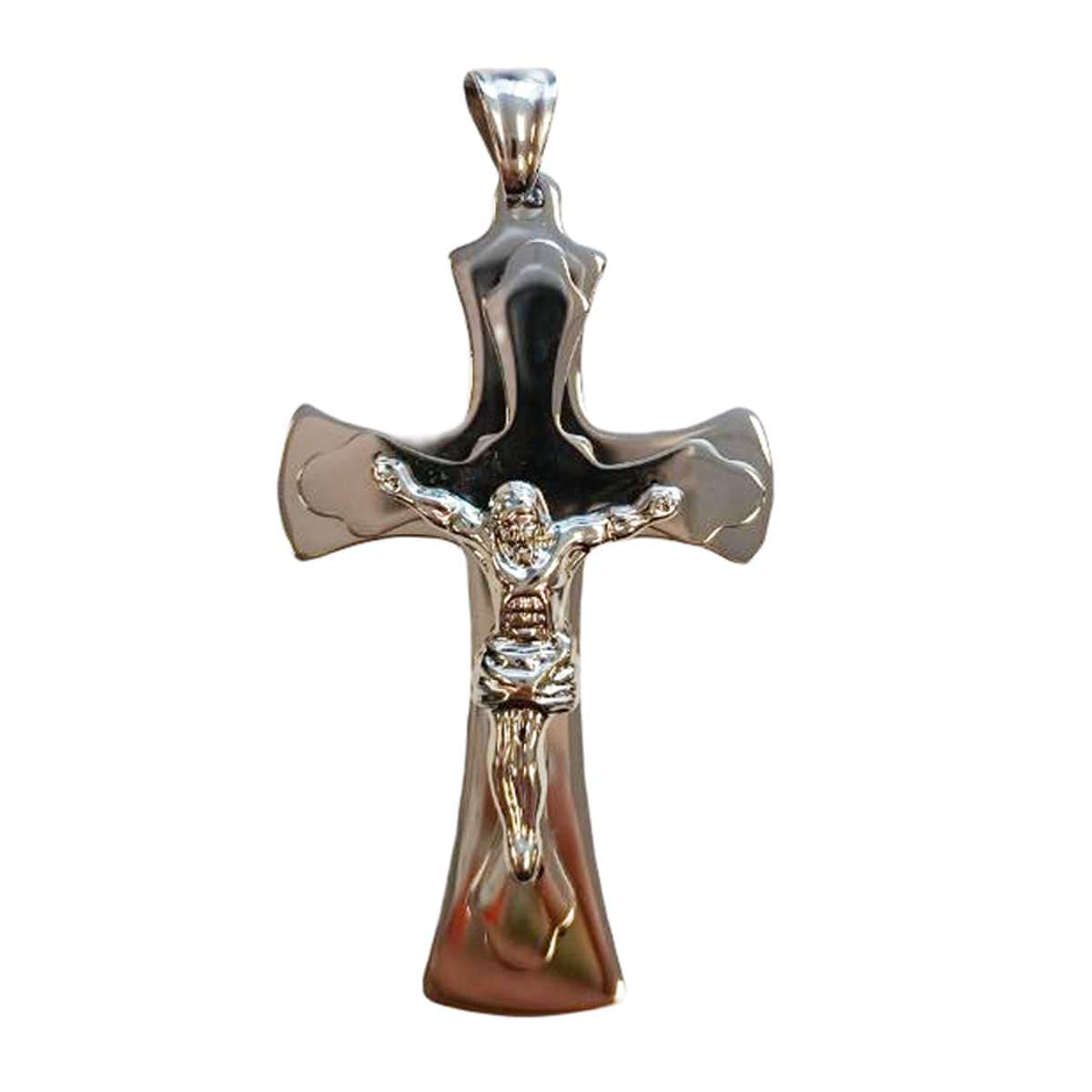 Pendentif acier \'Crucifix\' argenté - 60x35 mm - [R8070]