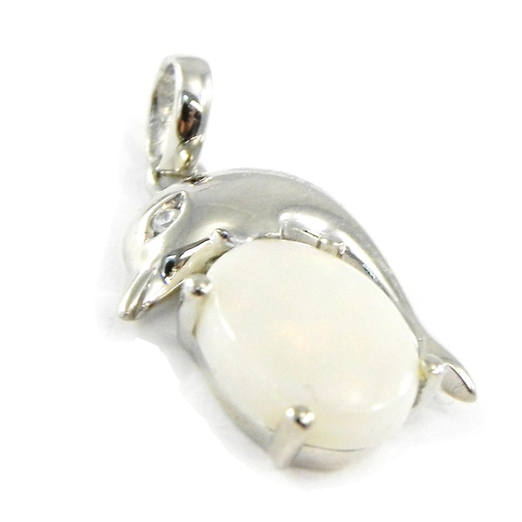 Pendentif Argent \'Déesse Opale\' Dauphin Blanc argenté (rhodié) - 12x13 mm - [F6064]