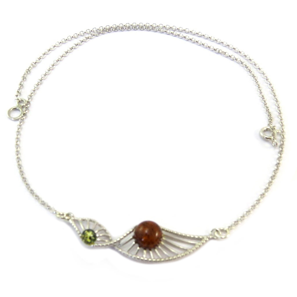 Collier argent \'Inspiration\' ambre cognac et vert (rhodié) - 40x10 mm - [P3360]
