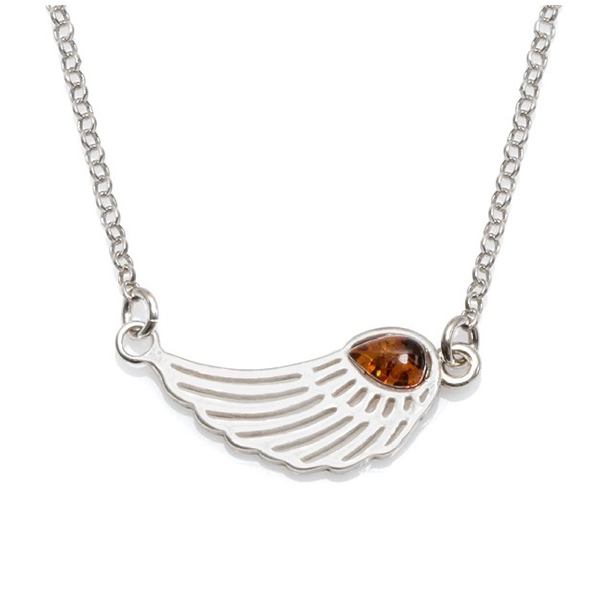 Collier argent \'Les Ailes d\'Ange\' ambre cognac (rhodié) - 20x10 mm - [P3362]