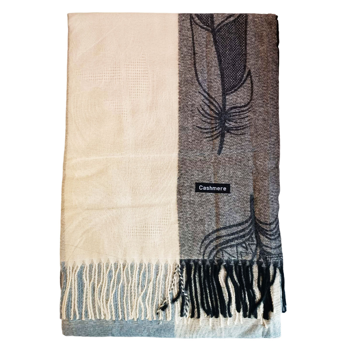 Écharpe cachemire \'Scarlett\' beige noir (plume) - 200x70 cm - [R8443]