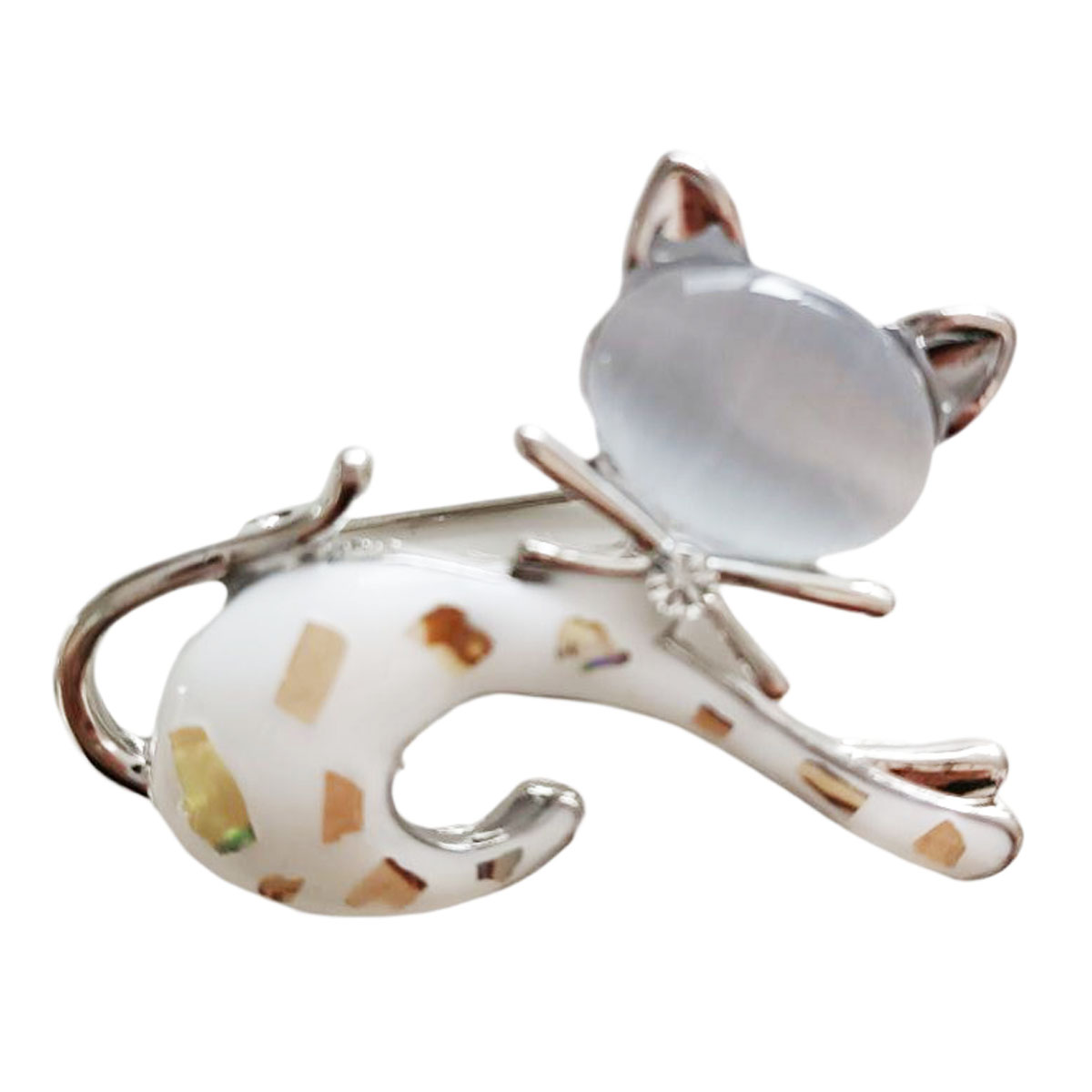 Broche Créateur \'Chat\' blanc argenté - 45x35 mm - [R8506]