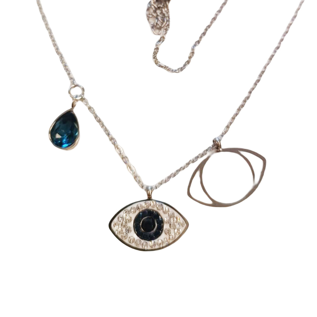Collier créateur acier \'Oeil de Fatma\' bleu argenté - 18x10 mm - [R8620]