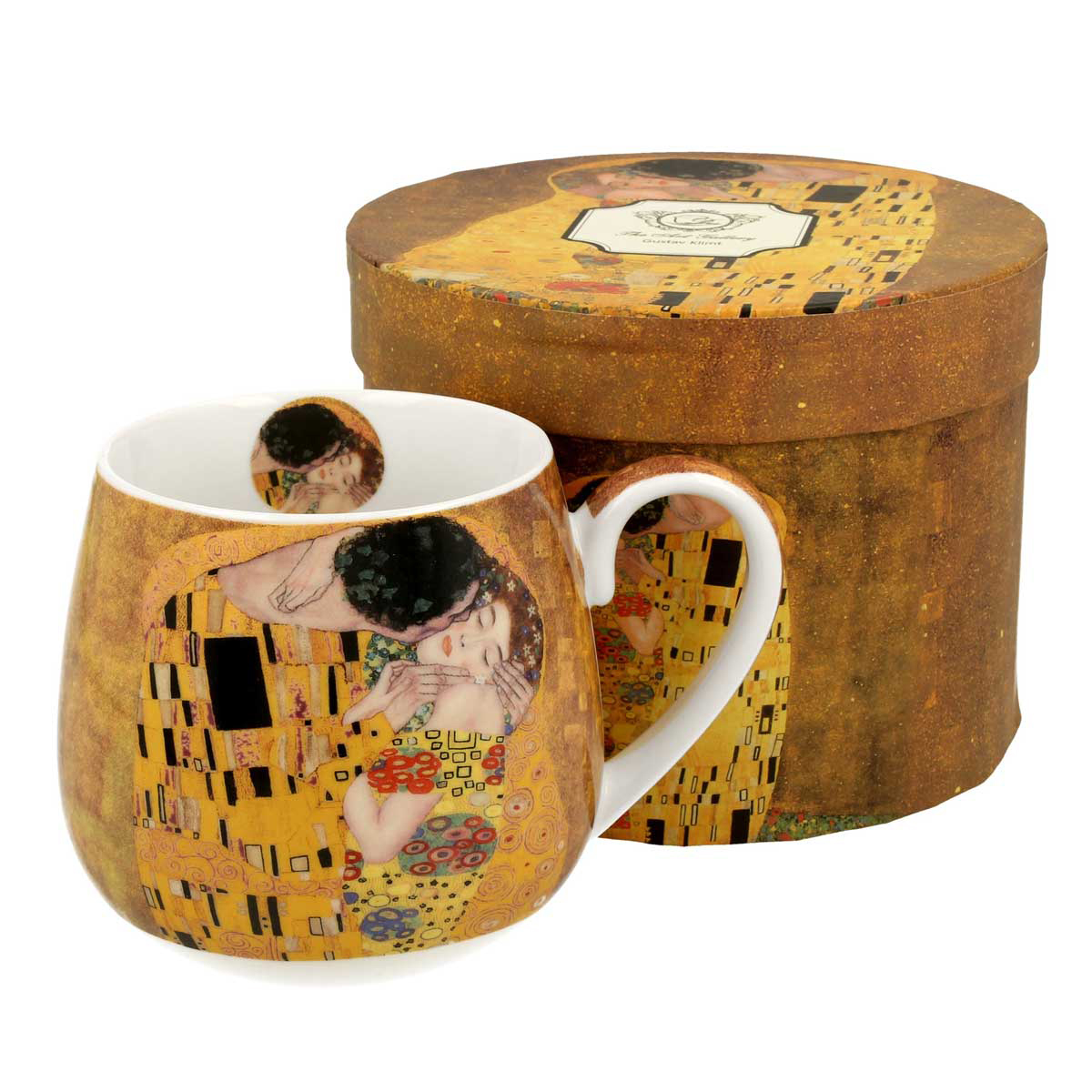 Mug tonneau porcelaine \'Gustav Klimt\' marron (le Baiser) - 9x9 cm (430 ml) - [R6672]