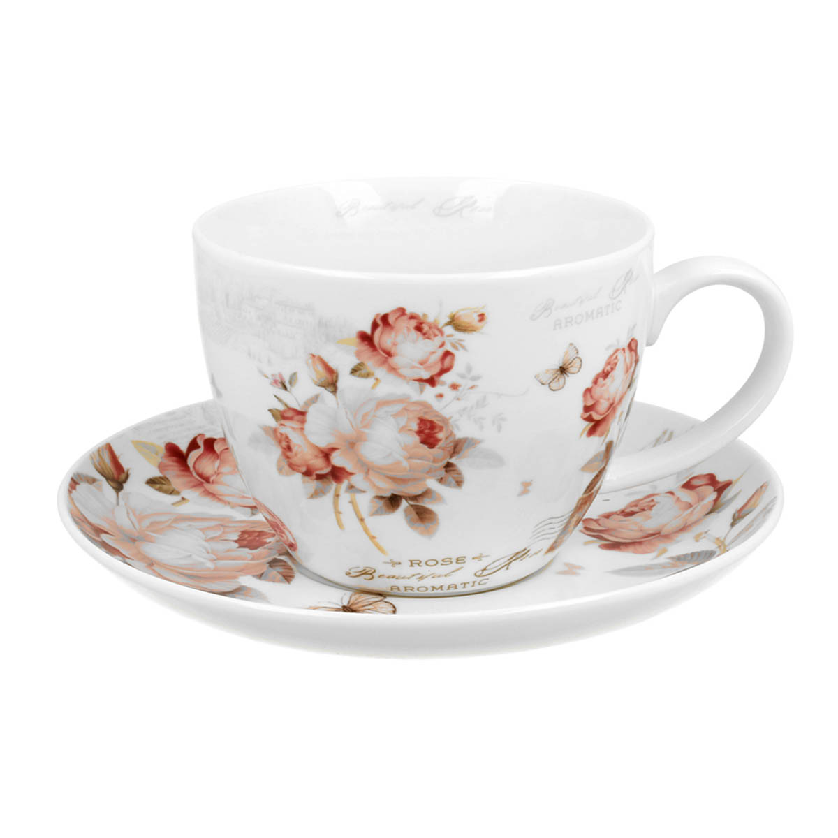 Déjeuner tasse porcelaine \'Jardin Botanique\' rose blanc - 10x8 cm (470 ml) - [R8699]