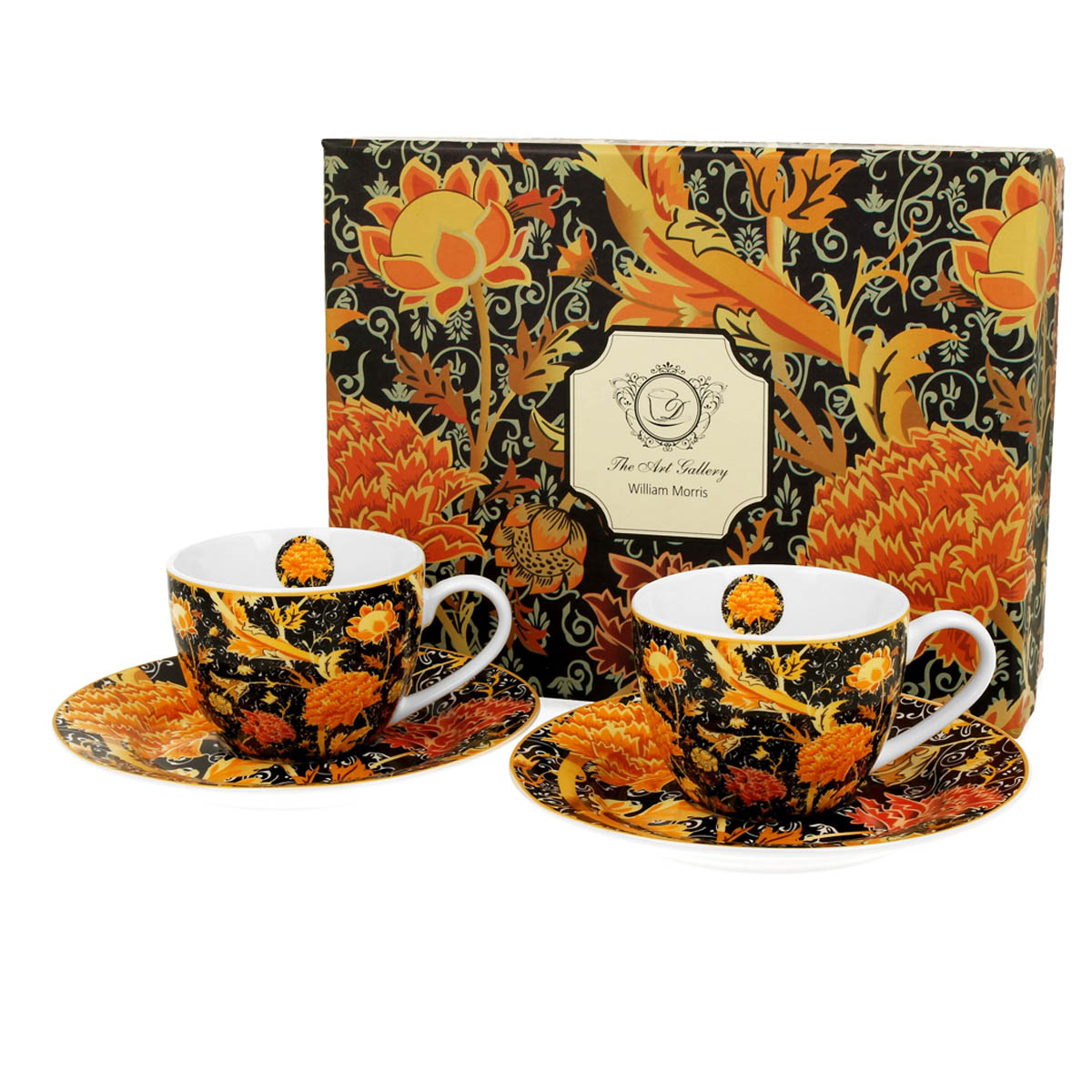 Set 2 tasses espresso porcelaine \'William Morris Collection\' noir orange - 65x50 mm (110 ml) - [R8706]