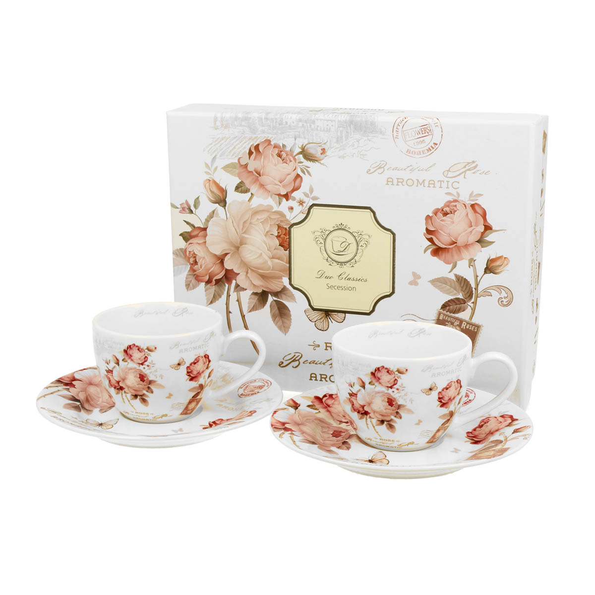 Set 2 tasses espresso porcelaine \'Jardin Botanique\' rose blanc - 65x50 mm (110 ml) - [R8714]
