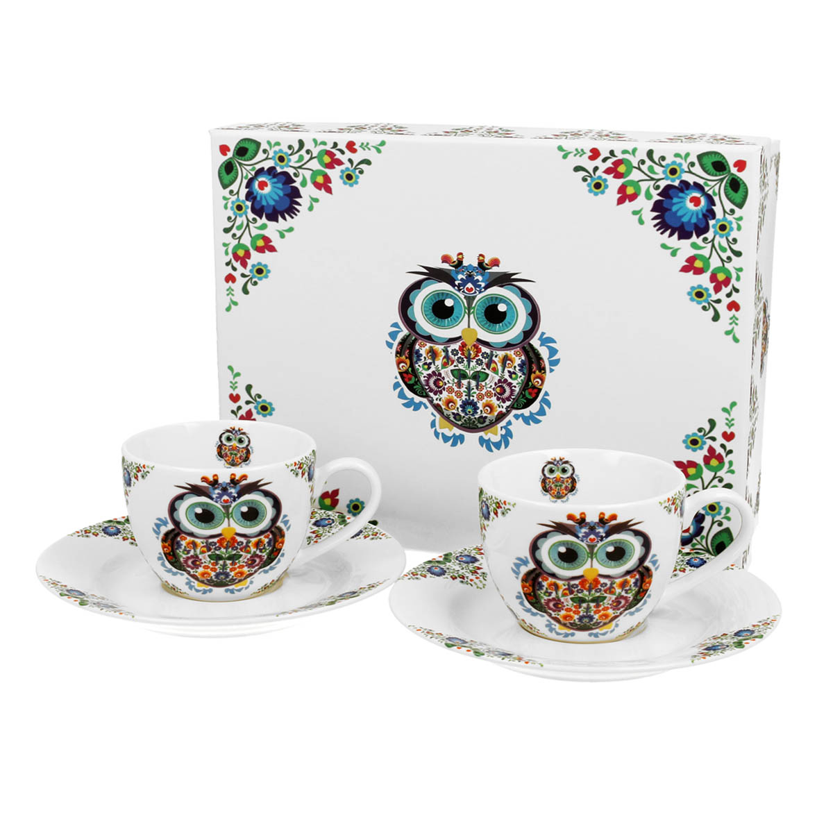 Set 2 tasses espresso porcelaine \'Hiboux\' bleu multicolore - 65x50 mm (110 ml) - [R8715]