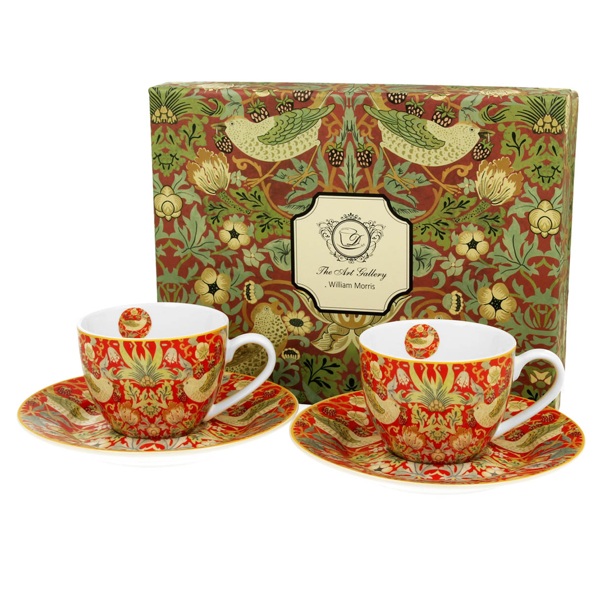Set 2 tasses espresso porcelaine \'William Morris Collection\' rouge (Strawberry Thief) - 65x50 mm (110 ml) - [R8717]