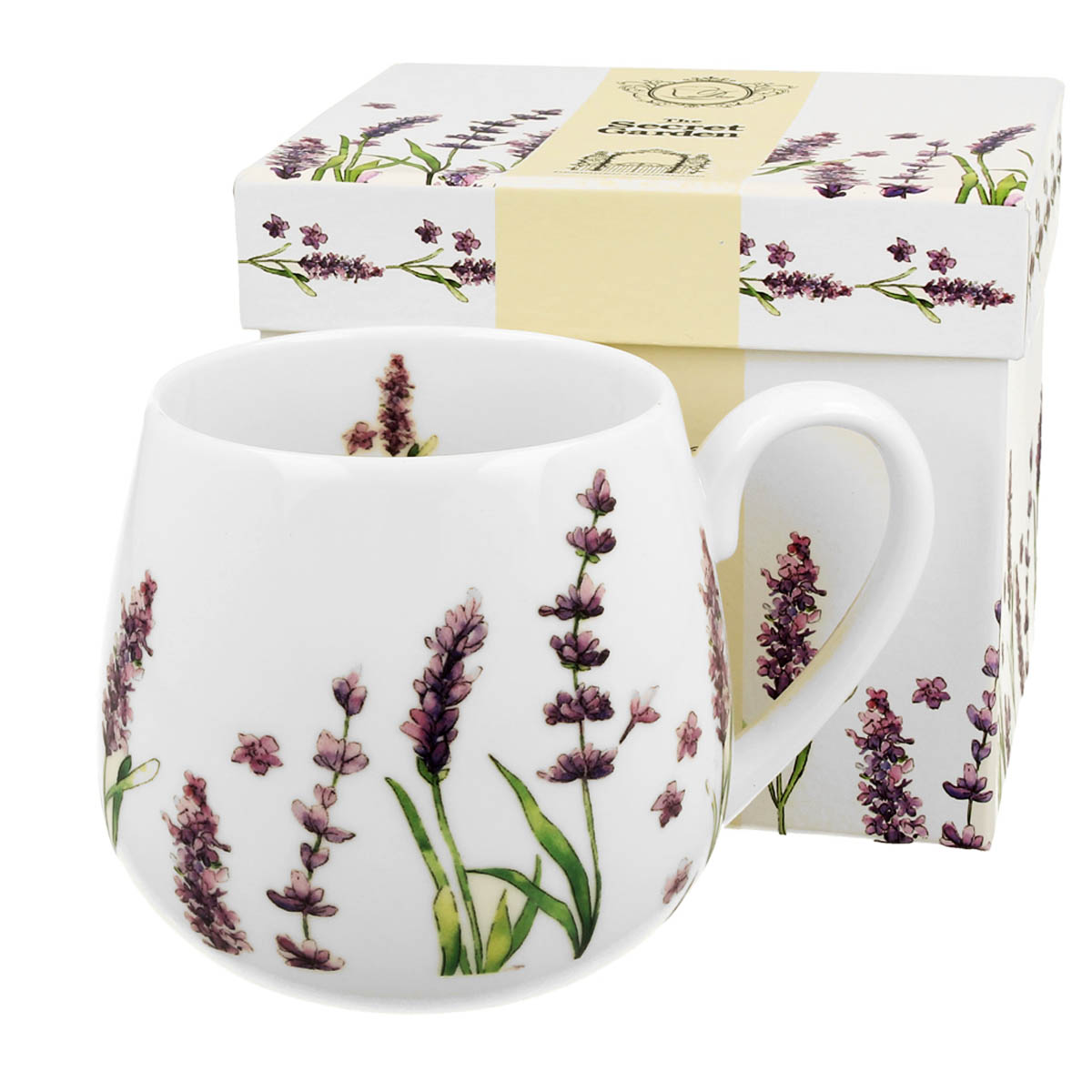 Mug tonneau porcelaine \'Lavande\' violet blanc - 9x9 cm (430 ml) - [R8740]