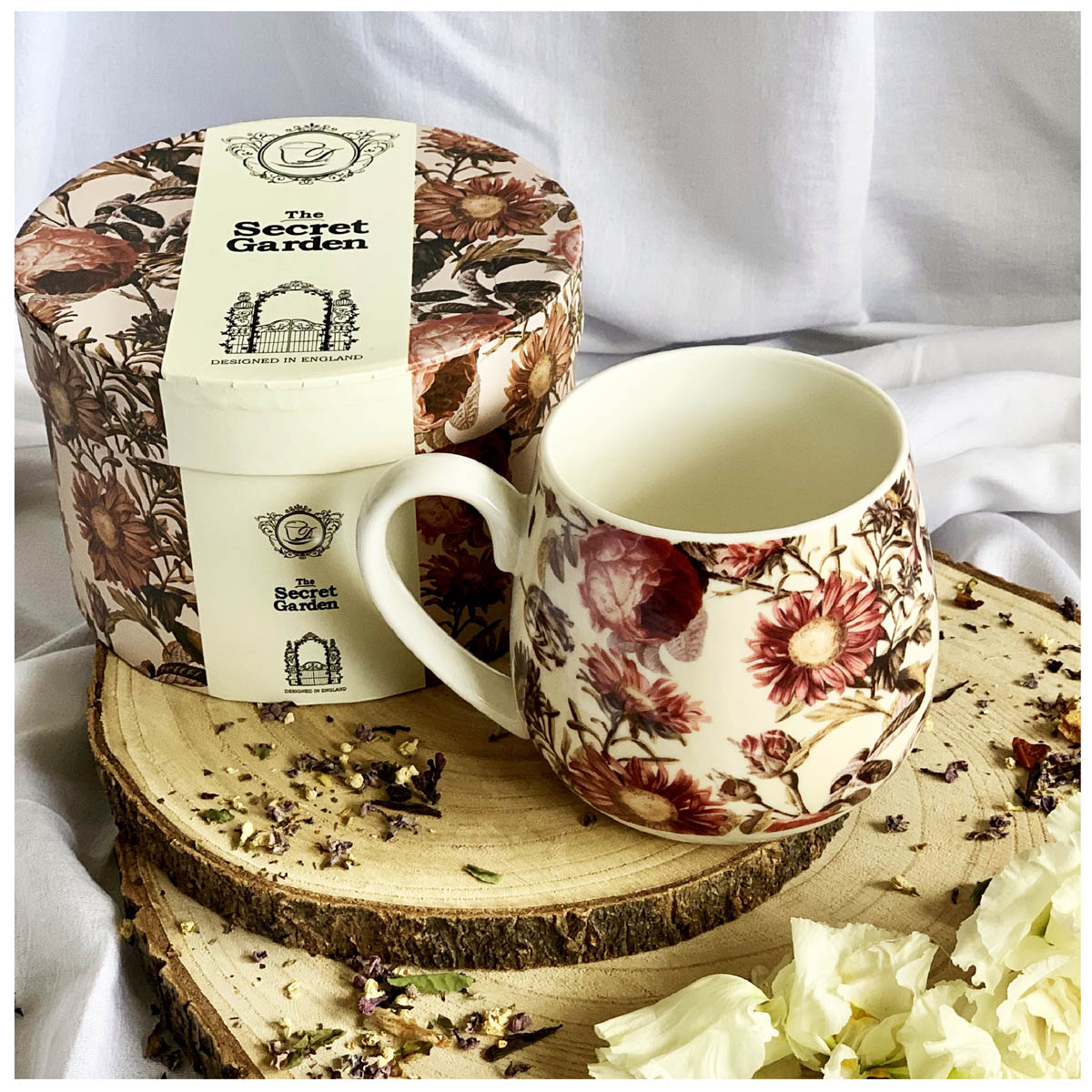 Mug tonneau porcelaine \'Jardin Botanique\' rose blanc - 9x9 cm (430 ml) - [R8745]