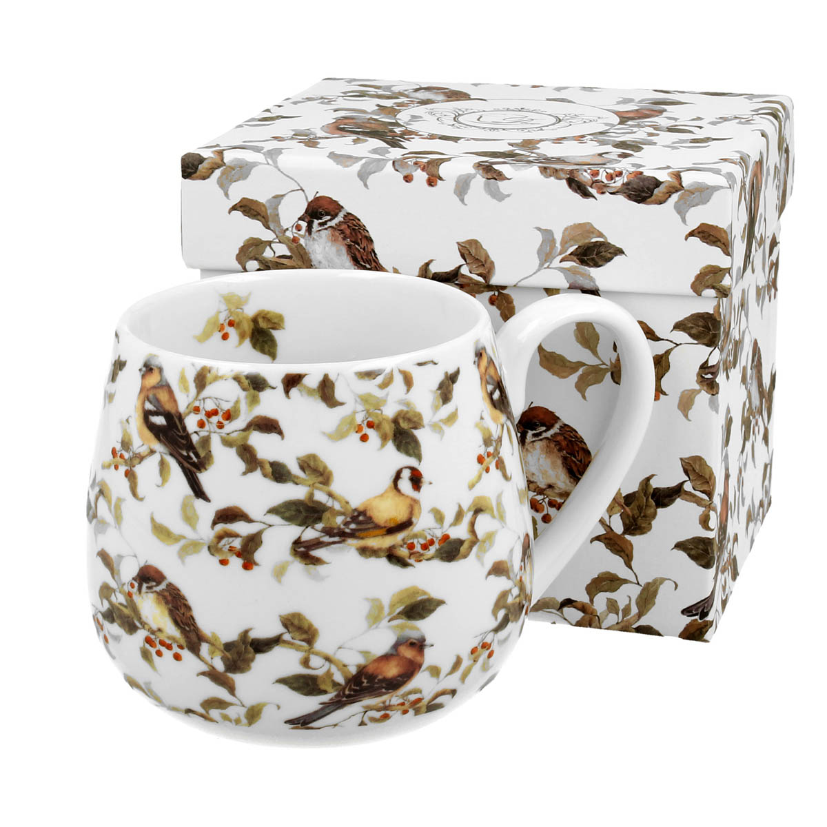 Mug tonneau porcelaine \'Jardin Botanique\' marron blanc (oiseaux) - 9x9 cm (430 ml) - [R8748]