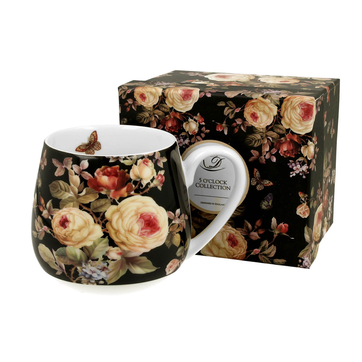 Mug tonneau porcelaine \'Jardin Botanique\' noir beige rose - 9x9 cm (430 ml) - [R8756]