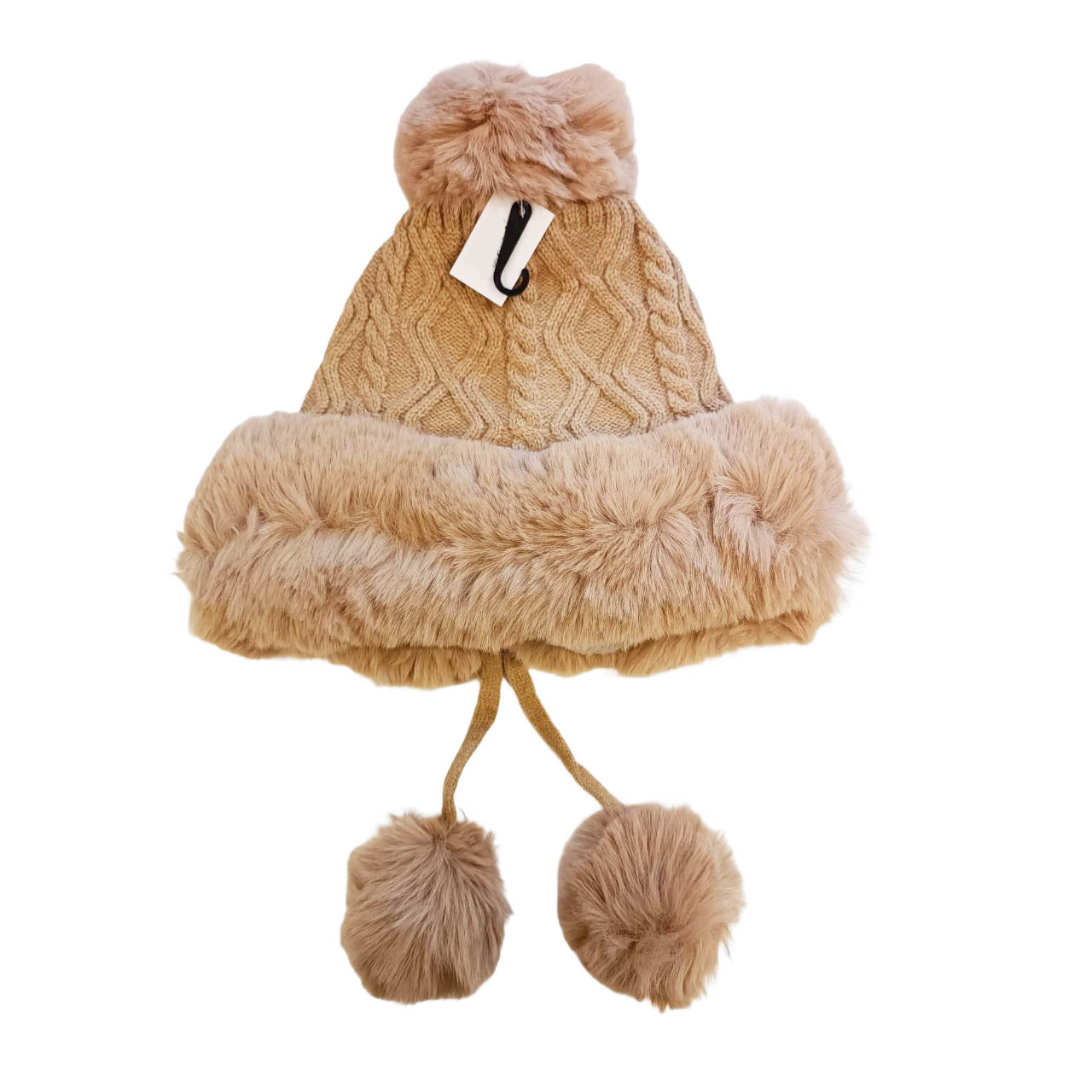 Bonnet tricot pompons \'Scarlett\' marron clair - taille unique - [R8929]