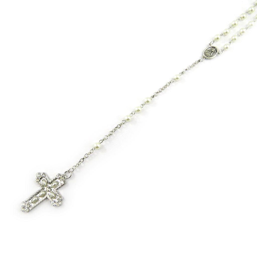 Collier Créateur \'Croix Mystique\' ivoire argenté (chapelet) - 16 cm - [L1641]