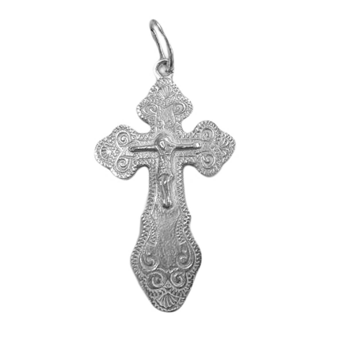 Pendentif Argent artisanal \'Crucifix\' argenté (orthodoxe) - 27x17 mm - [R9051]