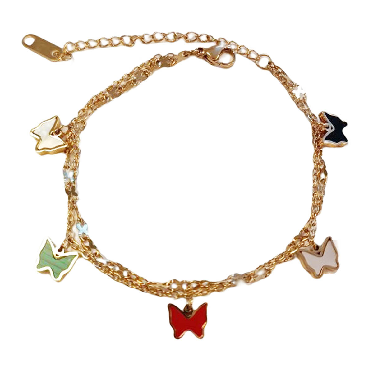 Bracelet Acier \'Papillons\' multicolore doré - 2 rangs, 7x5 mm - [R9154]