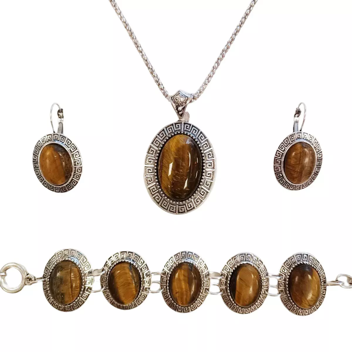 les trésors de lily Parure créateur 'Cleopatra' oeil de tigre argenté 3 pièces 45x30 mm [R9208]