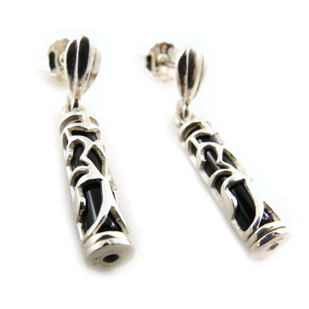 Boucles Argent \'Tikki\' Noir argenté (rhodié) - 25x5 mm - [B9821]