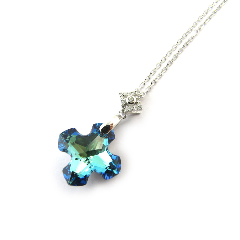 Collier Argent \'Croix Grecque\' bleu (Crystal) - 28x19 mm - [N3433]
