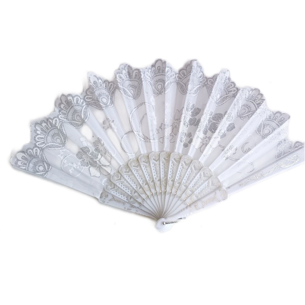 Éventail créateur \'Carmen\' blanc argenté (fleurs) - 23 cm - [R9411]
