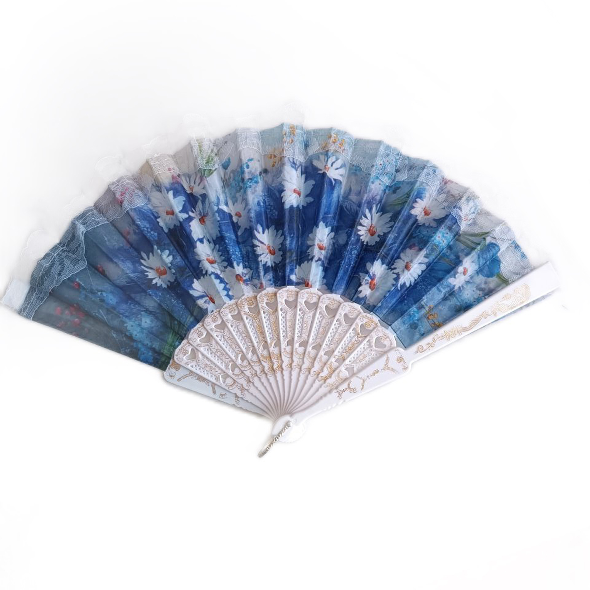 Éventail créateur \'Carmen\' bleu (fleurs) - 23 cm - [R9416]