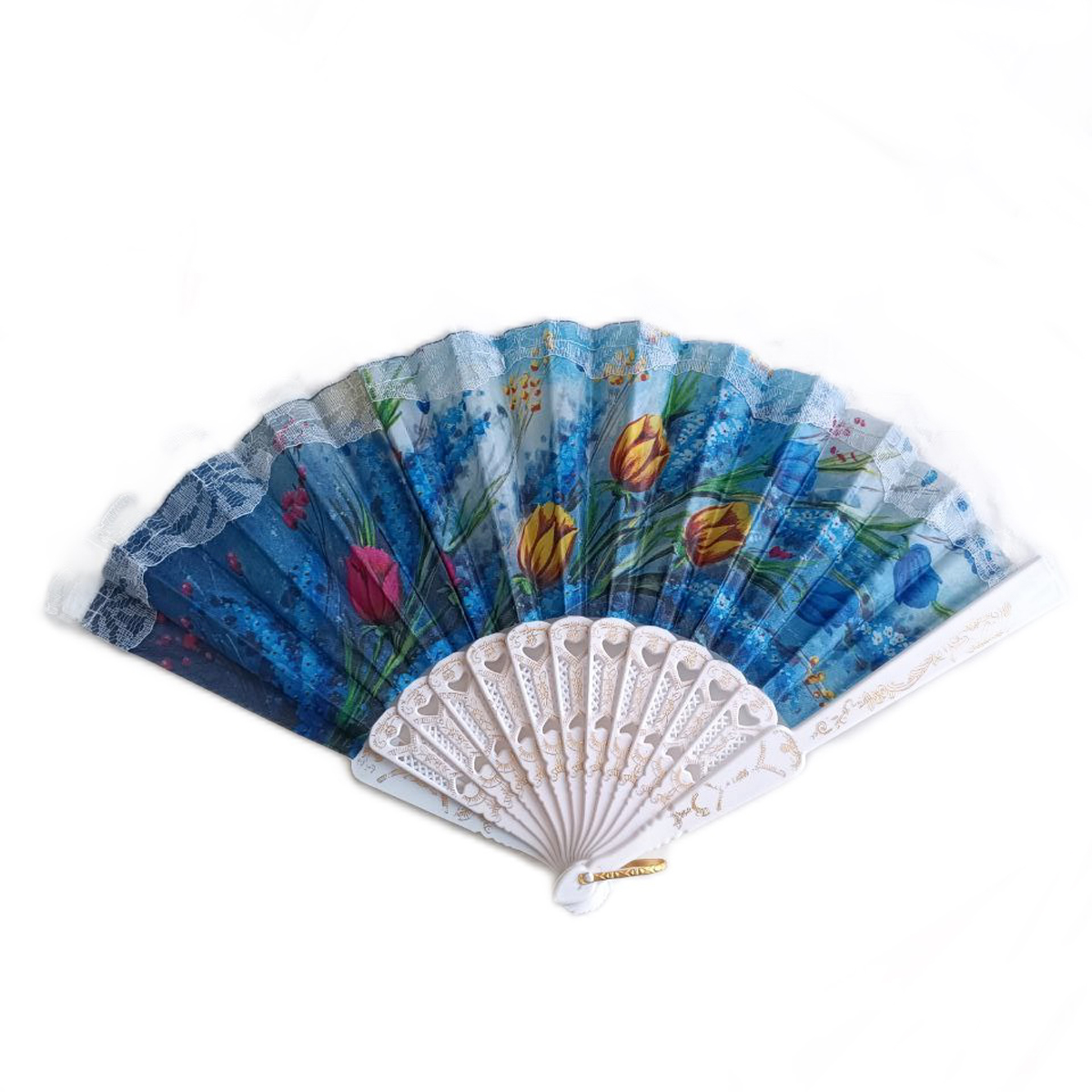 Éventail créateur \'Carmen\' bleu (fleurs) - 23 cm - [R9419]
