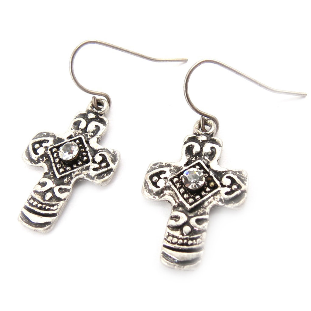 Boucles Créateur \'Croix\' argenté  - [J7168]