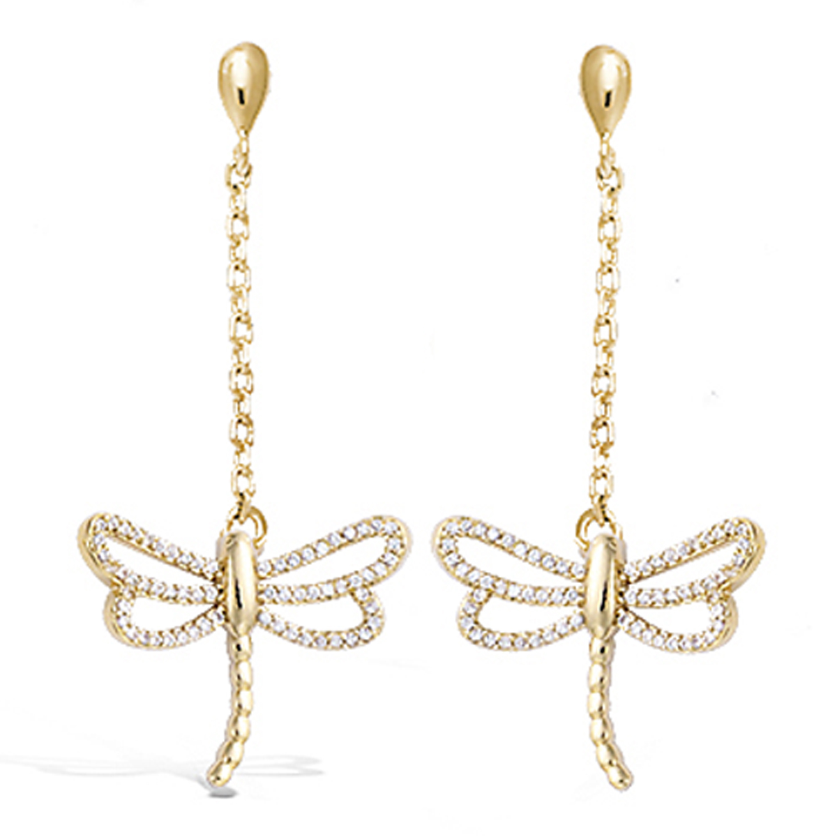 Boucles Plaqué Or \'Libellules\' blanc doré - 38x16 mm - [K9516]