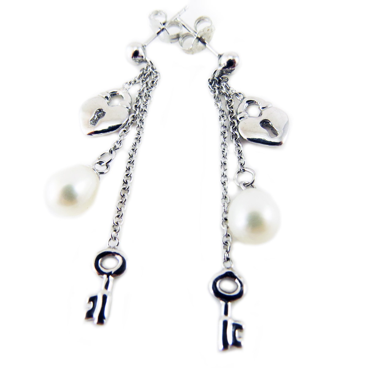 Boucles Argent \'Clé de l\'Amour\' blanc argenté rhodié  - 17x10 mm (cadenas, coeur, clé) - [Q3327]