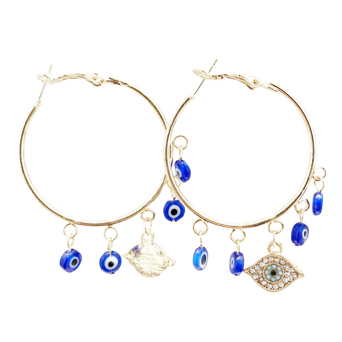 Créoles créateur \'Cléopatra\' bleu doré - 40 mm, 16x10 mm (oeil de fatma) - [R6328]