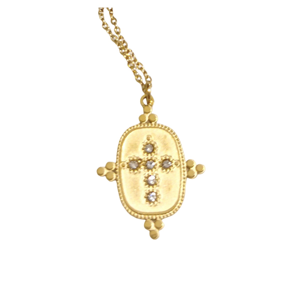 Collier créateur acier \'Cléopatra\' blanc doré - 23x18 mm (croix) - [R6381]