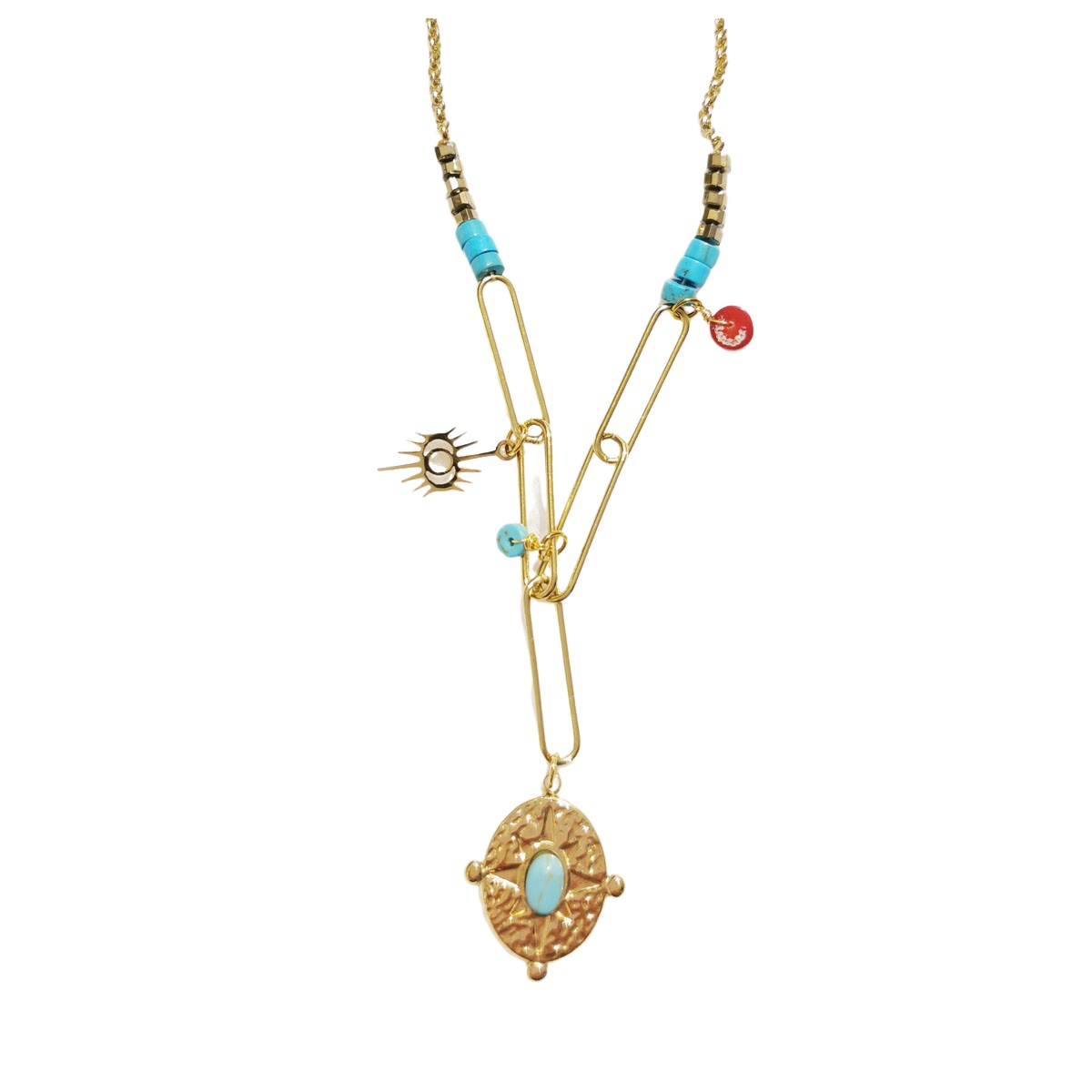 Collier créateur acier \'Cléopatra\' turquoise doré - 42x17 mm - [R6385]
