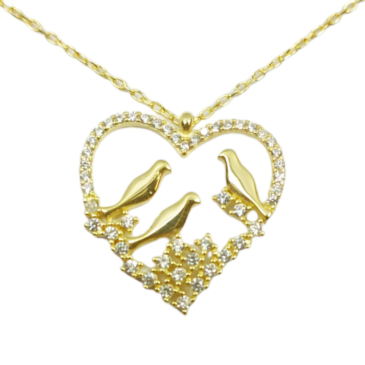 Collier Argent \'Love\' blanc doré - 20x20 mm (3 hirondelles, oiseaux) - [R9516]