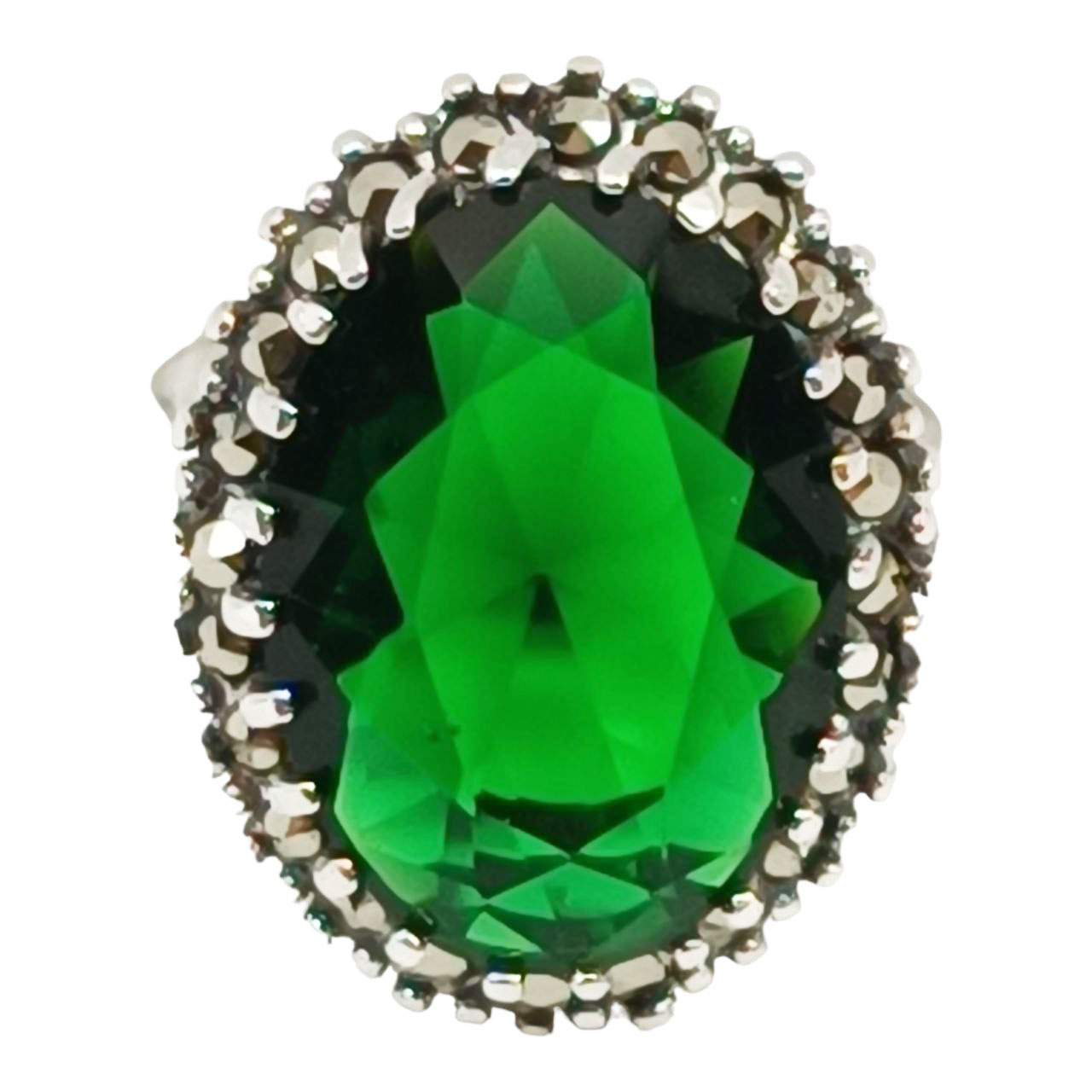 Bague Argent artisanale \'Sappho\' vert marcassite argenté vieilli - 22x17 mm - [R9526]