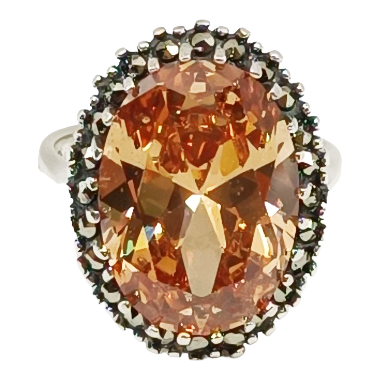 Bague Argent artisanale \'Sappho\' ambre marcassite argenté vieilli - 22x17 mm - [R9528]