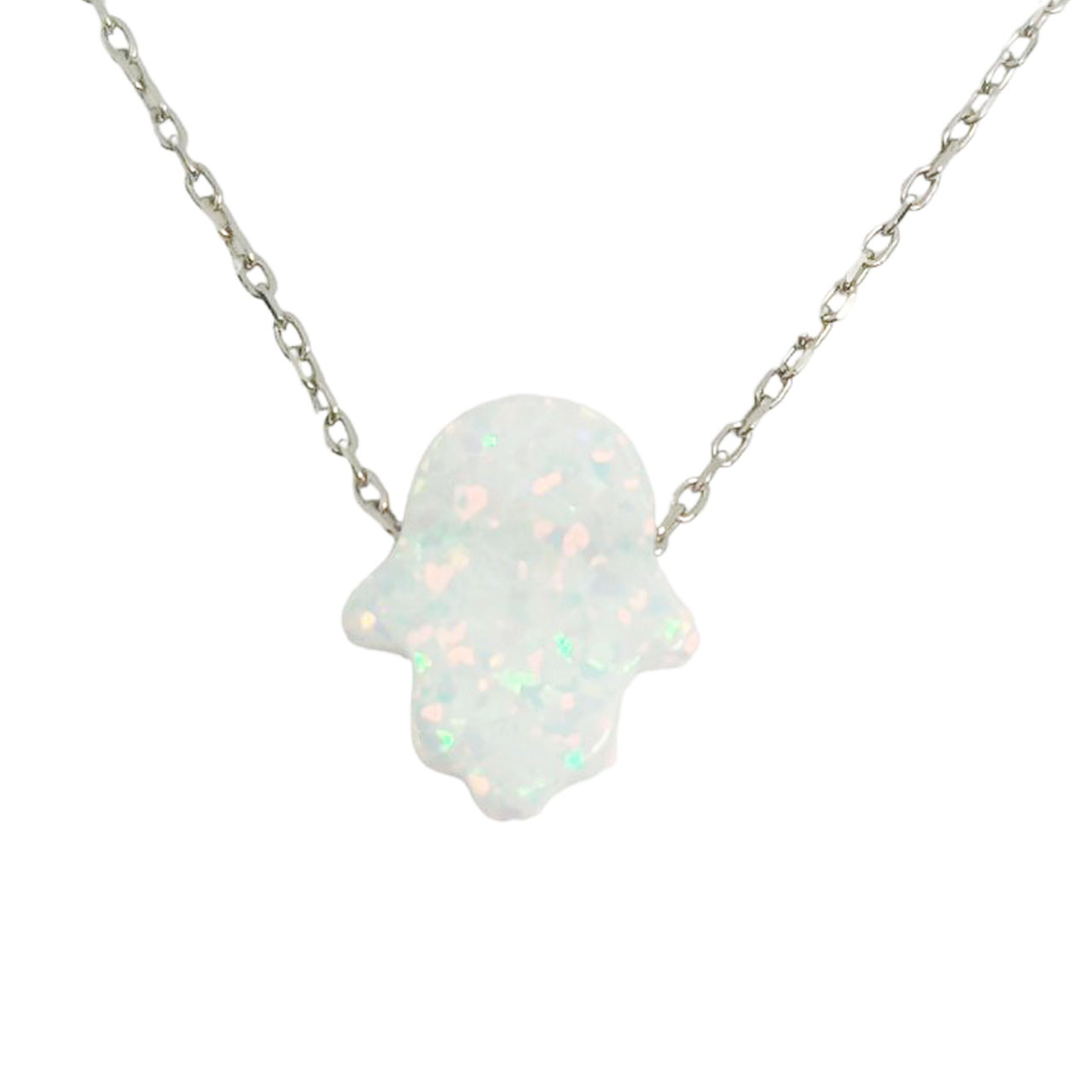 Collier argent \'Princesse Opale\' blanc argenté (rhodié) - 13x11 mm (main de fatma) - [R9551]