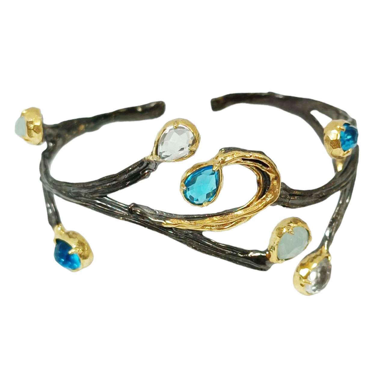 Bracelet argent artisanal \'Cleopatra\' bleu doré gris - 60 mm 30 mm - [R9559]