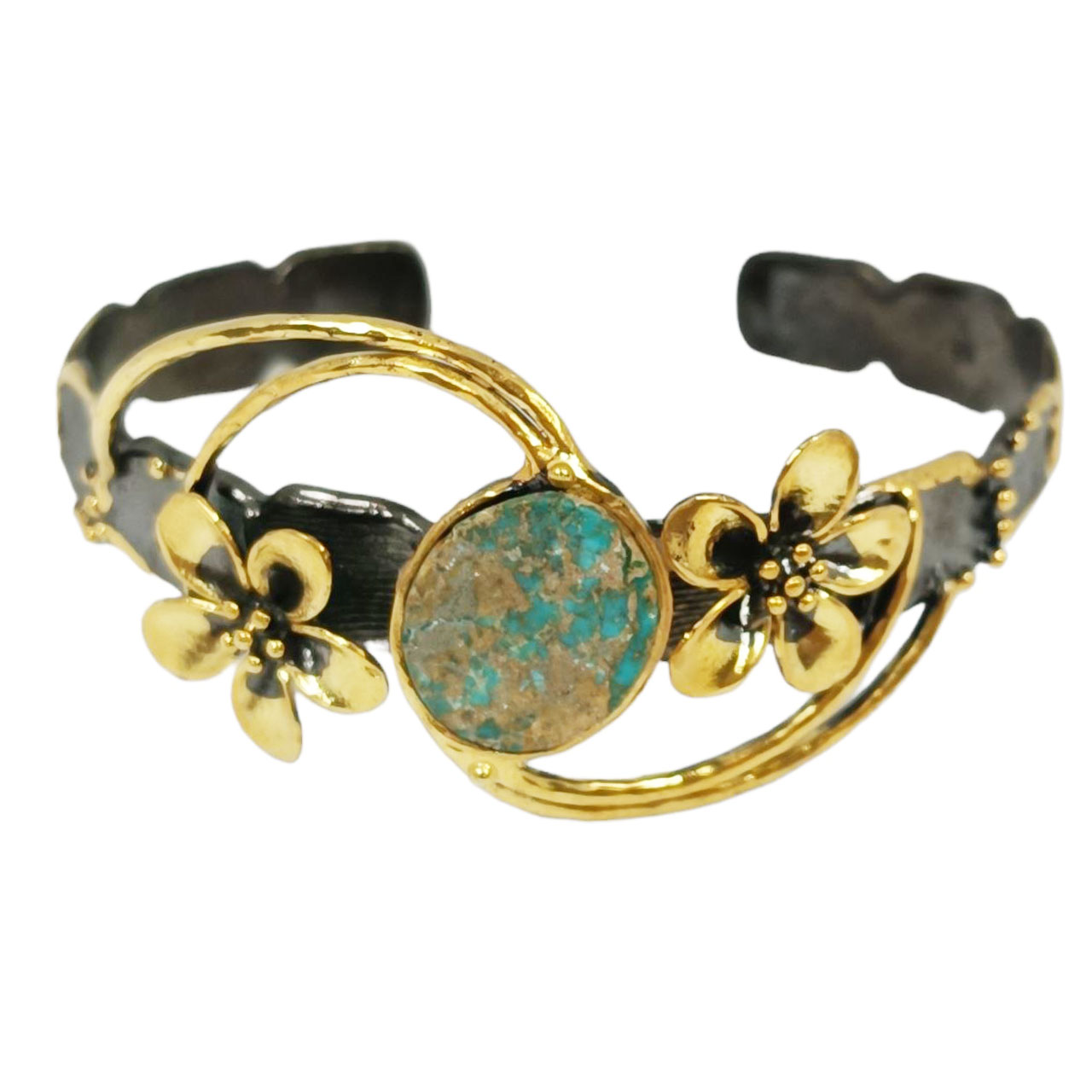 Bracelet argent artisanal \'Cleopatra\' vert doré gris - 60 mm 30 mm - [R9560]