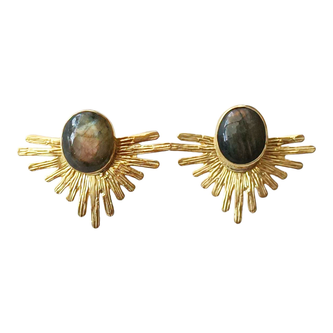 Boucles argent artisanales \'Cléopatra\' gris doré (labradorite) - 30x23 mm - [R9607]
