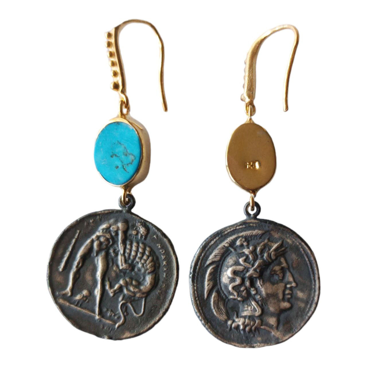 Boucles argent artisanales \'Cléopatra\' turquoise doré - 35x20 mm (pièces) - [R9614]