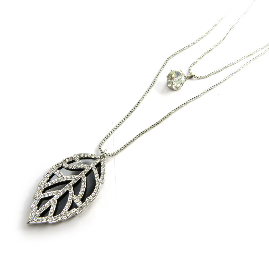 Collier Créateur \'Feuille d\'Or\' noir blanc argenté - 42x25 mm - [N3078]