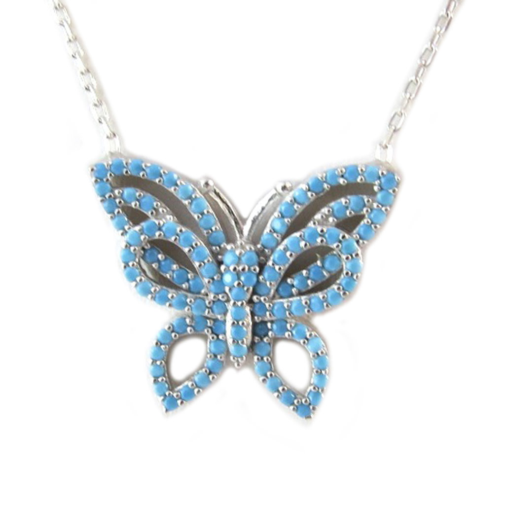 Collier Argent \'Papillon Lumière\' turquoise argenté (rhodié) - 20x18 mm - [P1925]