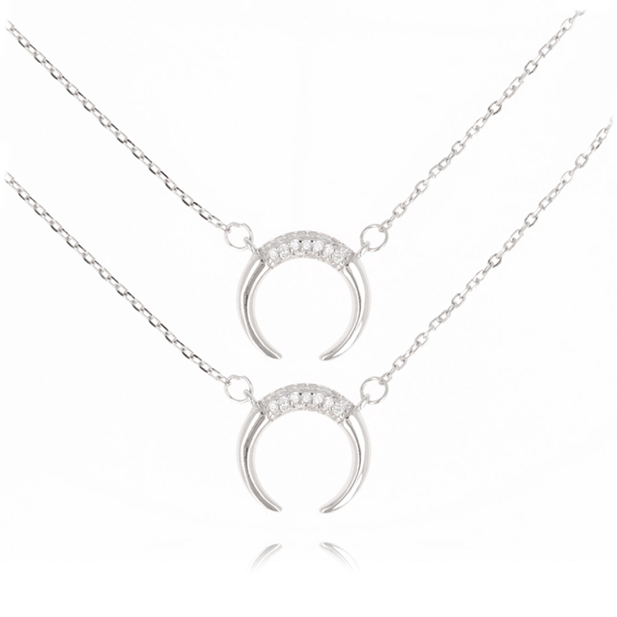 Collier Argent double \'Arégonde\' blanc argenté (rhodié) - 42 et 45 cm, motif 13 mm - [Q7360]