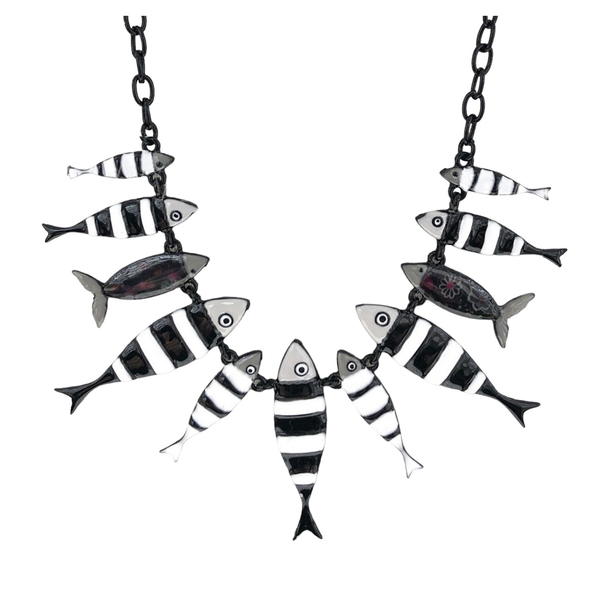 Collier sautoir créateur \'Lilipoupettes\' (ronde de sardines) noir blanc - 13x5 cm - [R6102]