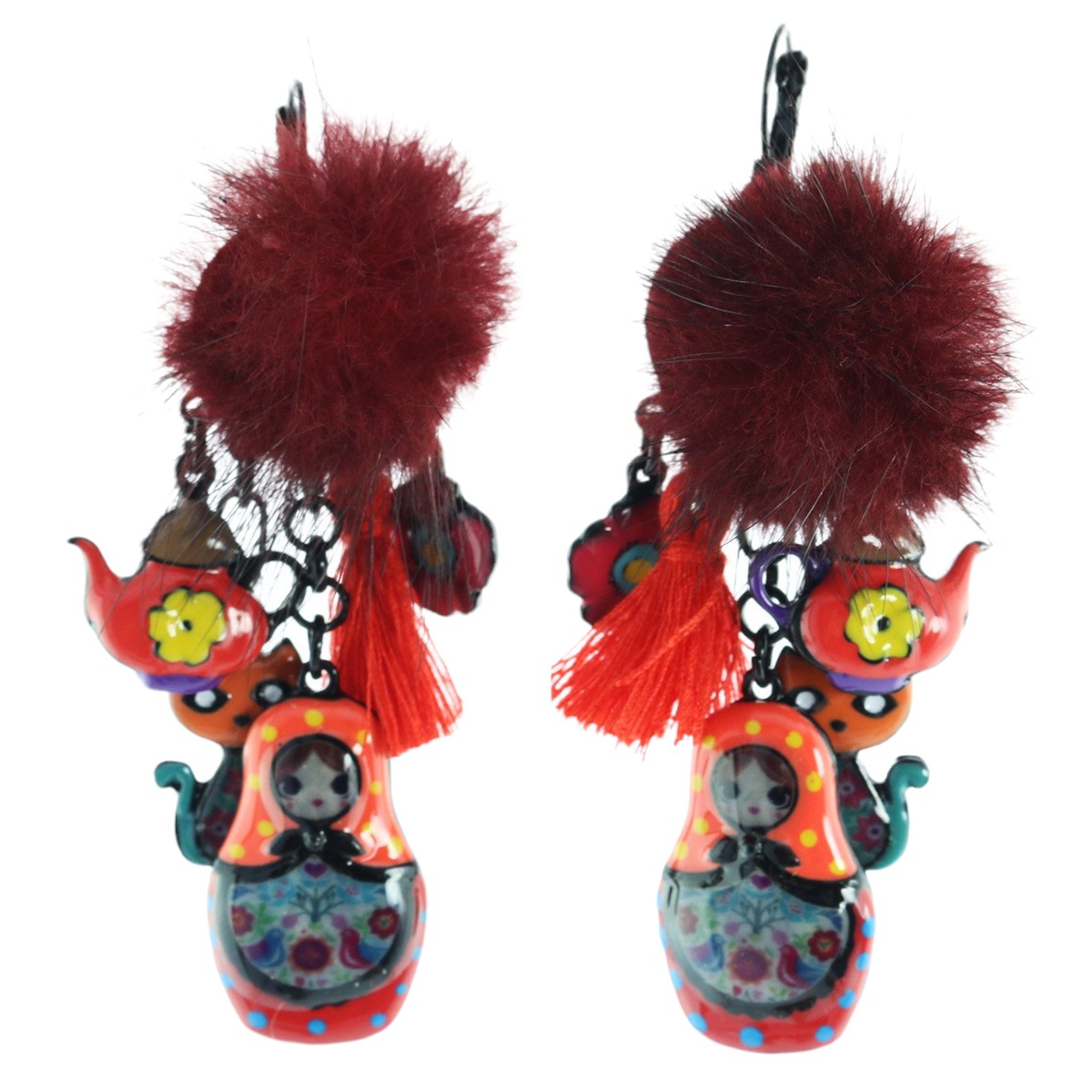Dormeuses créateur \'Lilipoupettes\' rouge orange (poupée russe) - 75x40 mm - [R6106]