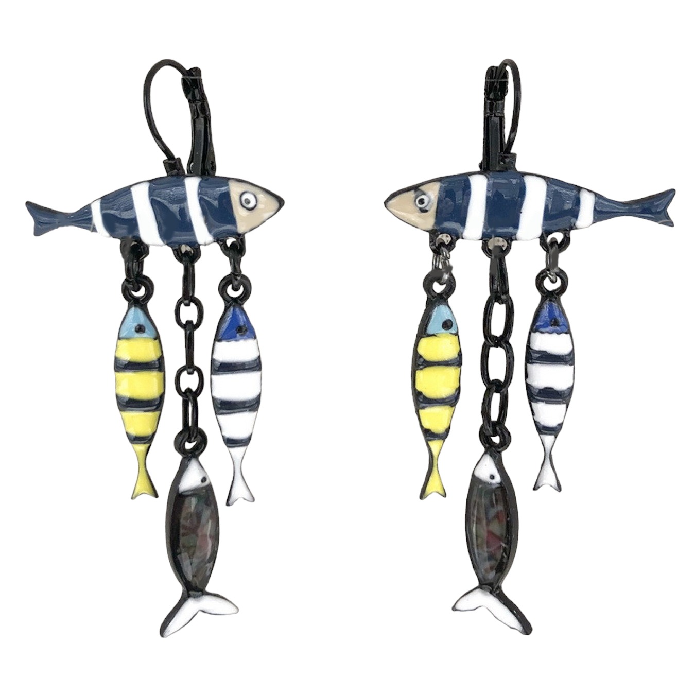 Dormeuses créateur \'Lilipoupettes\' (sardines) bleu blanc jaune - 45x33 mm - [R6110]