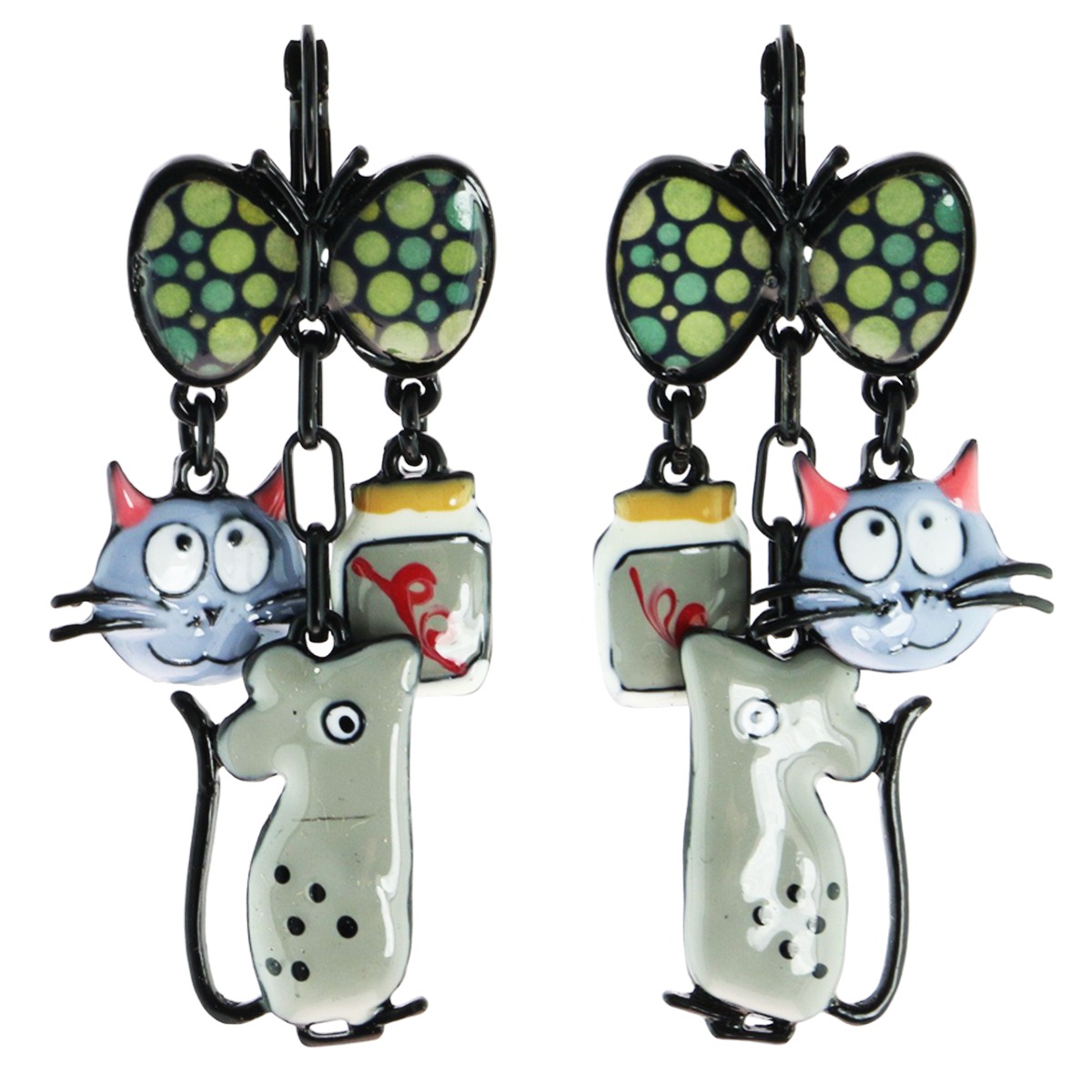 Dormeuses créateur \'Lilipoupettes\' (chat, souris) gris - 50x25 mm - [R6114]