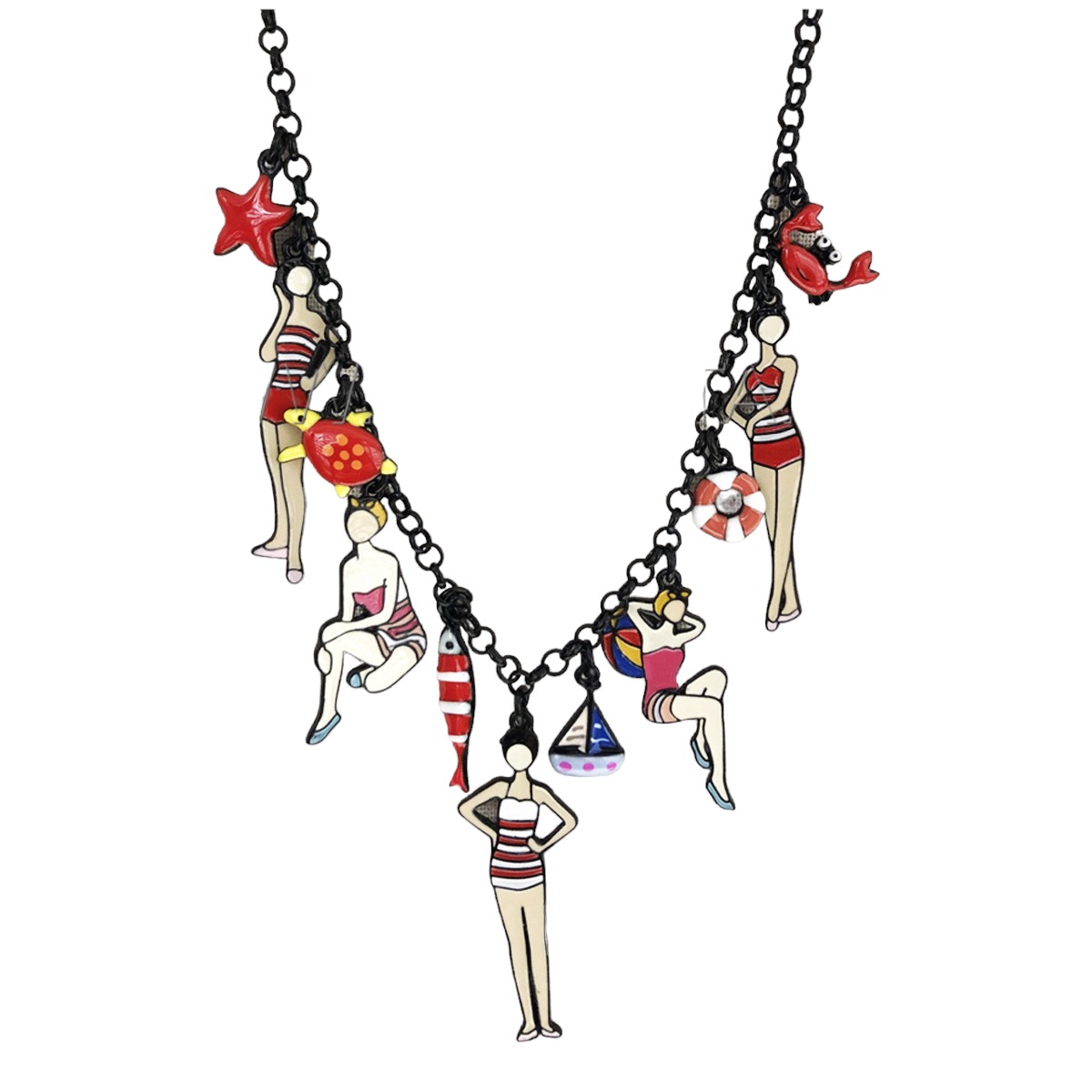 Collier créateur \'Lilipoupettes\' (baigneuses) rouge beige - 50x17 mm - [R6117]